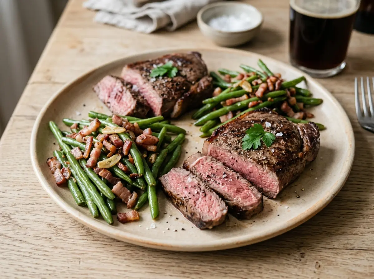 Hovězí steak s fazolkami na slanině