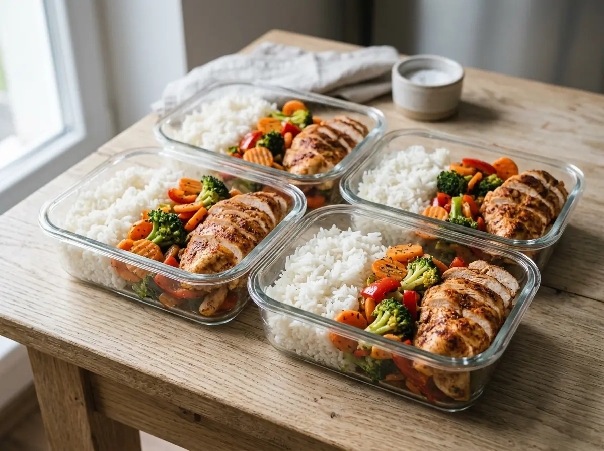 Meal prep na týden — kuřecí maso, rýže, zelenina